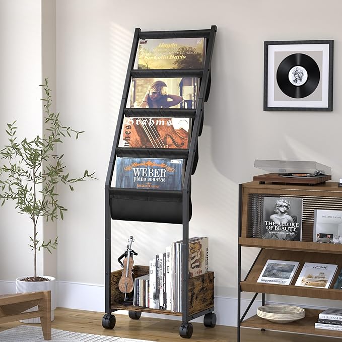Keebofly Vinyl Record Storage, Record Holder Up to 100 Albums, Record Stand with 4 Tier Vinyl Holder Display Shelf, Movable Vinyl Storage Organizer Rack, Record Cabinet for Book Magazine Turntable