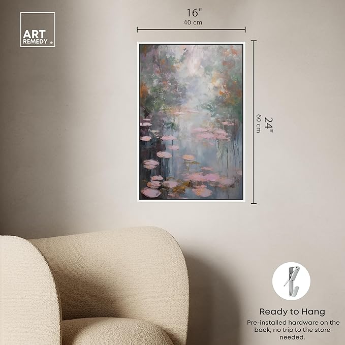 Art Remedy Pink Impressionisty Lilypads Framed Impressionism 1 Piece Canvas Wall Art/Monet And Van Gogh Inspired Art, 17" x 25", White Frame