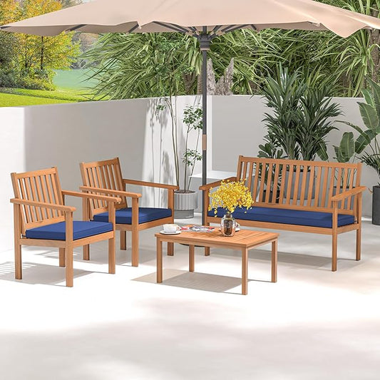 Tangkula 4 Piece Patio Wood Furniture Set, Acacia Wood Sofa Set w/Loveseat, 2 Chairs & Coffee Table, Soft Seat Cushions, Outdoor Wood Furniture Set for Porch, Yard, Balcony (Navy)