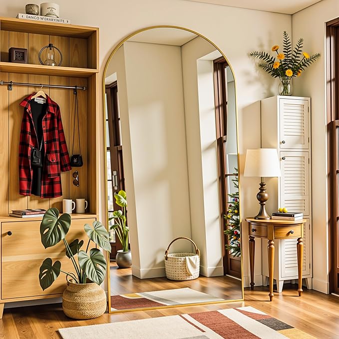 Full Length Mirror, 78"x38" Arched Full Body Mirror, Floor Mirrors with Stand, Body Mirrors Standing Hanging Leaning Against Wall,Aluminum Frame Mirrors for Bedroom Cloakroom,Living Room,Gold