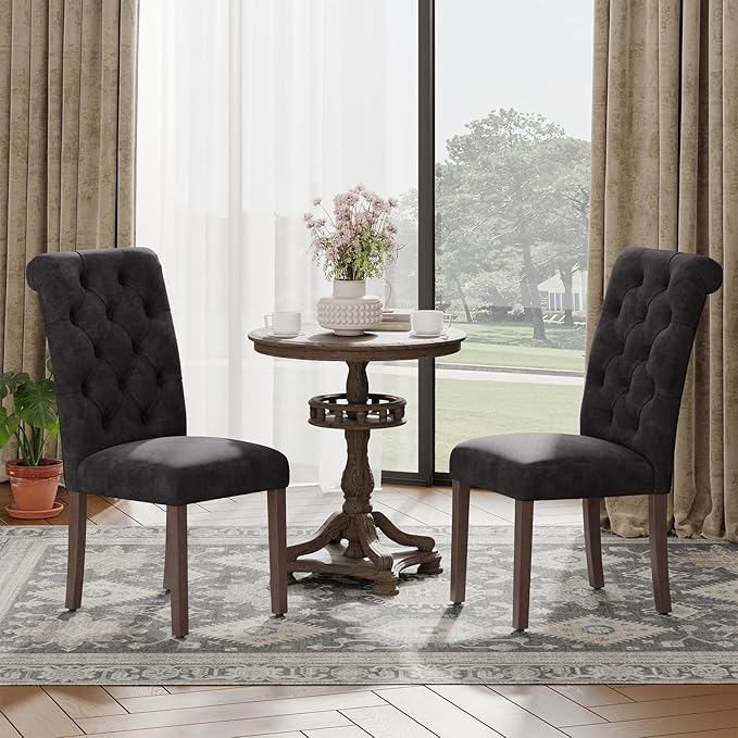 Upholstered Tufted Dining Room Chairs Set of 2, Parsons Kitchen Chairs with Padded Seat and Solid Wood Legs, Fabric Accent Side Diner Chair for Dining Room/Kitchen/Living Room, Black
