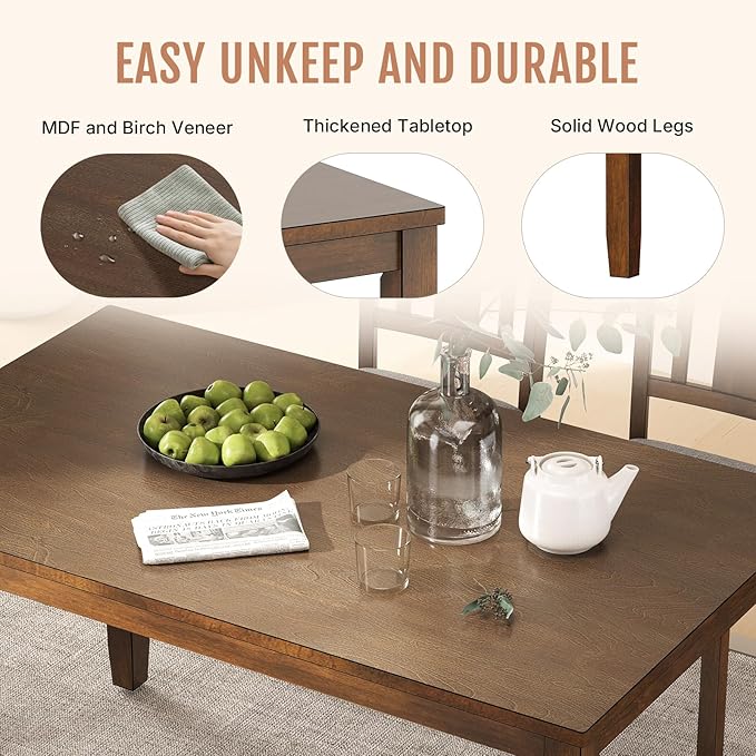 6-Piece Wooden Dining Set - Table & Chairs for 6, Includes Table, 4 Upholstered Chairs & 1 Bench, Walnut