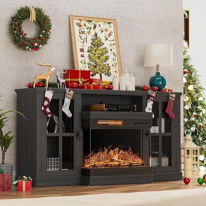 YESHOMY Glass Fireplace TV Stand for Televisions up to 65", Media Entertainment Center Console Table with Doors Closed Storage, Black