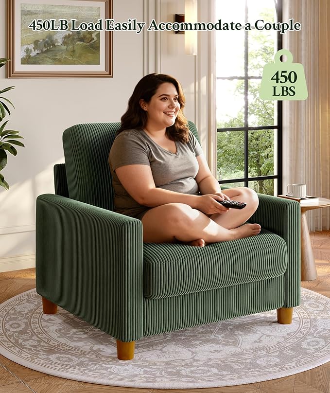 Welzona 35.3" Couches for Living Room, Comfy Green Couch Single with 22.5" Deeper Seat, Accent Chair Tool-Free Setup, Reading Chair 440lbs Support, Corduroy Couch for Bedroom, Apartment, Office