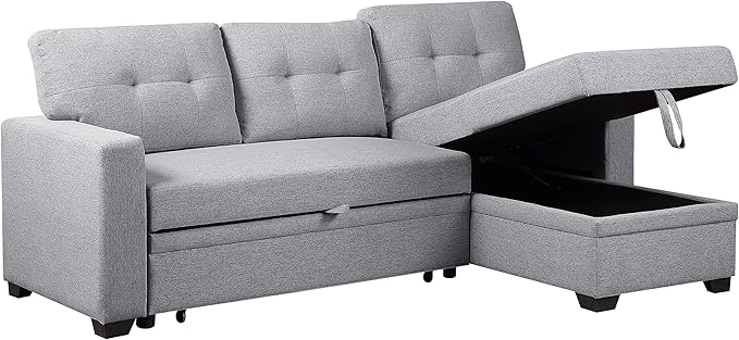 ERYE 82-Inch L-Shaped Pull Out Sleeper Couch Bed, Modern Reversible Sleeper Sectional Sofa Linen Blend Tufted Upholstered Corner Convertible Sofa Bed with Storage Chaise