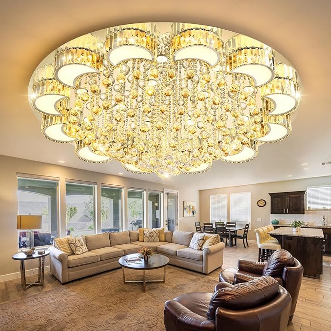 47'' Silver Modern Crystal Chandeliers for Dining Room LED Dimmable Light Fixtures Flush Mount Light Living Room Bedrooms