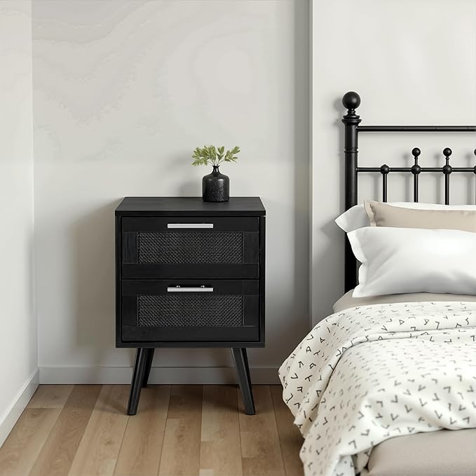 Finnhomy Nightstand, End Table, Side Table with 2 Hand Made Rattan Decorated Drawers, Nightstands Set of 2, Wood Accent Table with Storage for Bedroom, Full Black, 2 Pack