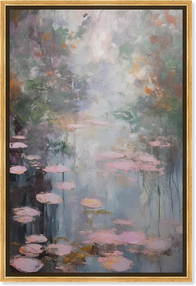 Art Remedy Pink Impressionisty Lilypads Framed Impressionism 1 Piece Canvas Wall Art/Monet And Van Gogh Inspired Art, 31.5" x 46.5", Gold Frame