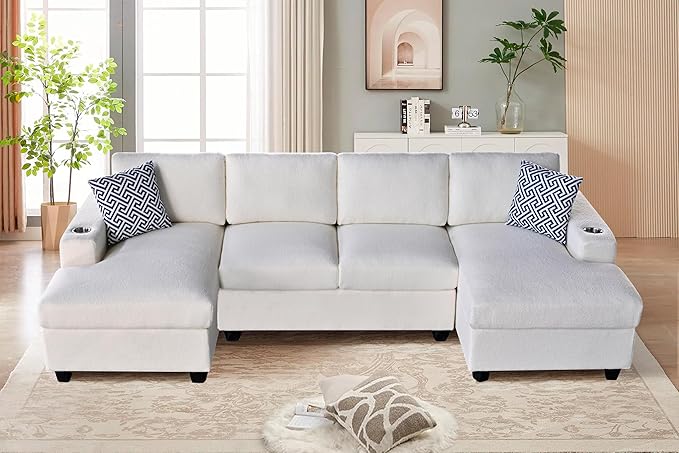 Ball & Cast 124" U-Shaped Sectional Sofa Couch for Living Room with Double Chaise,Cup Holders & Pillows,4 Seat Sherpa Upholstered Modern Modular Sectional Sofa Couches Set,for Home,Office,Beige
