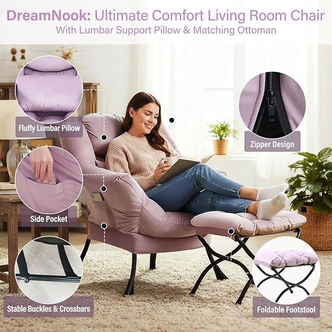 Lazy Chair with Ottoman, Modern Accent Chair with Lumbar Pillow, Velvet Light Purple Sofa, Armchairs with Folding Footrest, Oversized Supportive Chairs for Bedroom, Reading