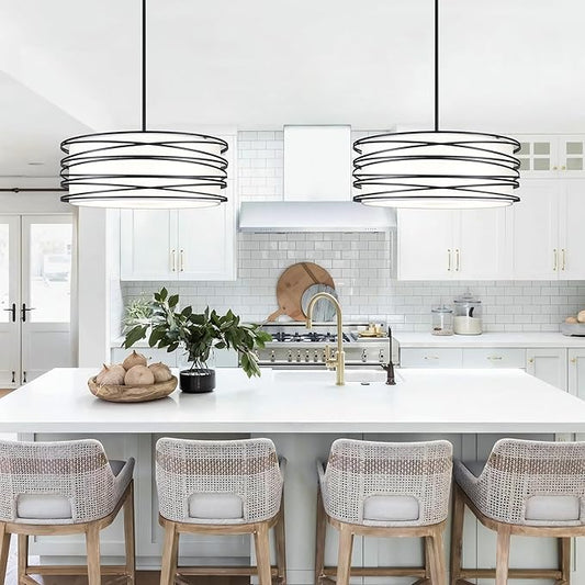 19.7" Black Pendant Light, 5-Lights Modern Drum Chandeliers for Dining Room Adjustable Pendant Hanging Lighting with White Fabric Shade for Kitchen Island Living Room Entryway Bedroom