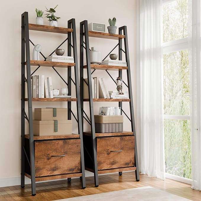 Shintenchi 5 Tier Ladder Bookshelf with Drawer, Tall Modern Corner Bookshelves, Narrow Book Shelf with Storage for CDs/Books/Movies, Bookcase for Room/Home/Office, Rustic Brown