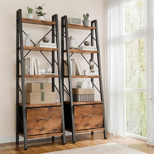 Shintenchi 5 Tier Ladder Bookshelf with Drawer, Tall Modern Corner Bookshelves, Narrow Book Shelf with Storage for CDs/Books/Movies, Bookcase for Room/Home/Office, Rustic Brown