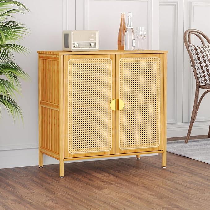 Pellebant Boho Buffet Cabinet with Storage, Bamboo Sideboard Cabinet with Rattan Decorated Doors and Shelves, Kitchen Pantry Cabinet for Hallway, Entryway, Living Room, Natural