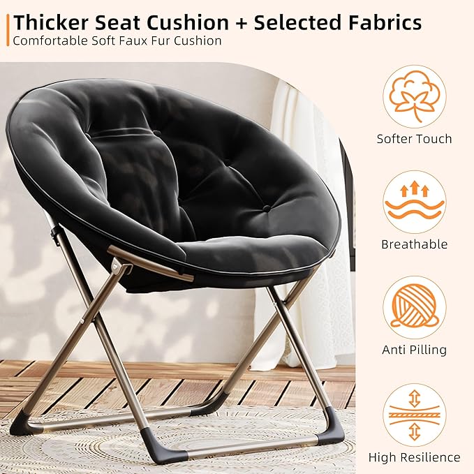 IDEALHOUSE Comfy Folding Padded Saucer Chair, Folding Circle Chair with Metal Frame, Soft Moon Chair for Bedroom, Dorm Rooms, Apartments, Lounging, Garden and Courtyard, Black