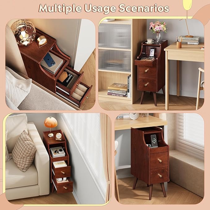 WLIVE Small Nightstand with Drawers, Narrow Bedside Tables with Open Shelf & Cable Hole, Narrow Nightstand for Bedroom, Modern Storage Cabinet for Small Spaces/Living Room, Cherry