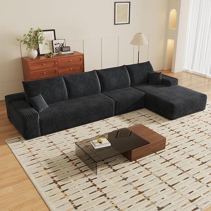 135" Corduroy Couch Sectional with Chaise, L Shape Boneless Cloud Couches for Living Room Bedroom, Fluffy Deep Seat Compression Sofa, Modular Corner Couch No Assembly, Right Facing Chaise, Black