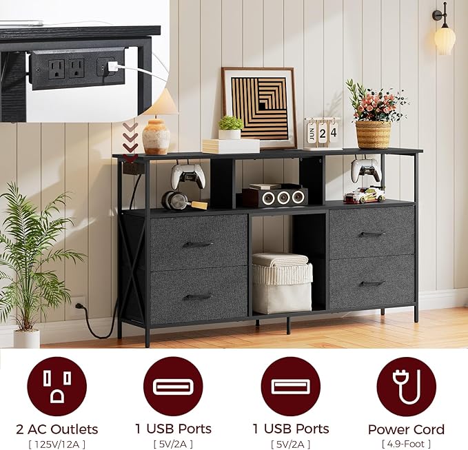 Dresser TV Stand, Entertainment Center with Power Outlets and LED Light, Media Console Table with Drawers and Open Shelves, Chest of Drawers for 60'' TV, for Living Room, Black TVBK140E01