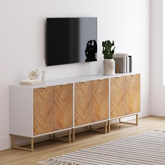 Nathan James Enloe Modern Storage Free Standing Accent Cabinet TV Stand with Doors in a Rustic Pine Wood Finish and Gold Metal Base for Hallway, Entryway or Living Room, Brown/White/Gold, Set of 3