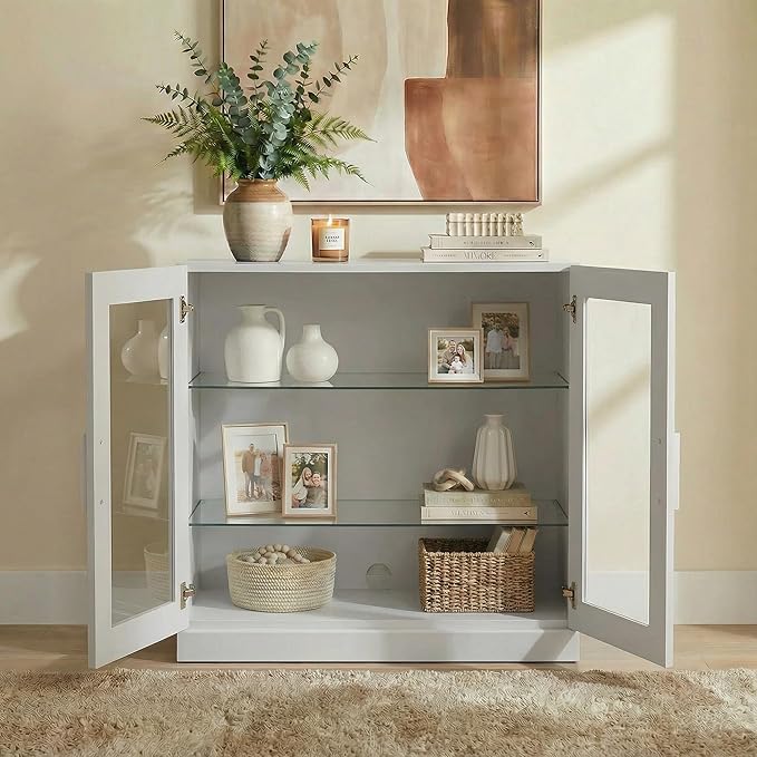 Casaphoria Adam Sideboard Buffet Cabinet with Storage, Display Cabinet with Glass Doors & Adjustable Shelves, 31" W x 36" H Buffet Cabinet for Entryway Kitchen Living Room, White