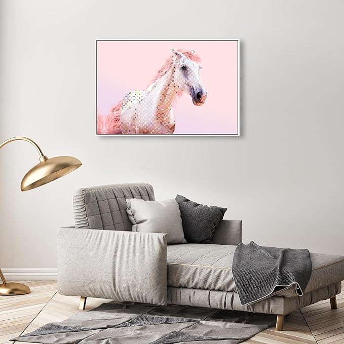Country Farmhouse Canvas Print Painting Animal Wall Art 'Pink Glam Horse' White Framed Canvas Rustic Home Décor 36x24 in Pink, White by Oliver Gal