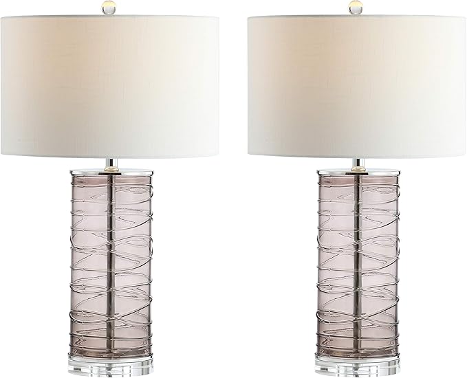 JONATHAN Y 27.5" Smoky Gray Modern Fused Glass Table Lamp Set of 2 for Bedroom Living Room, Coastal Nightstand Bedside Lamp with White Linen Shade, LED Bulbs Included (JYL4016C-SET2)