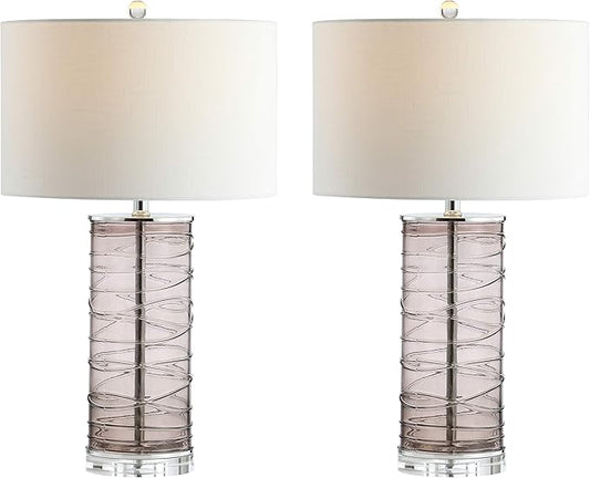 JONATHAN Y 27.5" Smoky Gray Modern Fused Glass Table Lamp Set of 2 for Bedroom Living Room, Coastal Nightstand Bedside Lamp with White Linen Shade, LED Bulbs Included (JYL4016C-SET2)