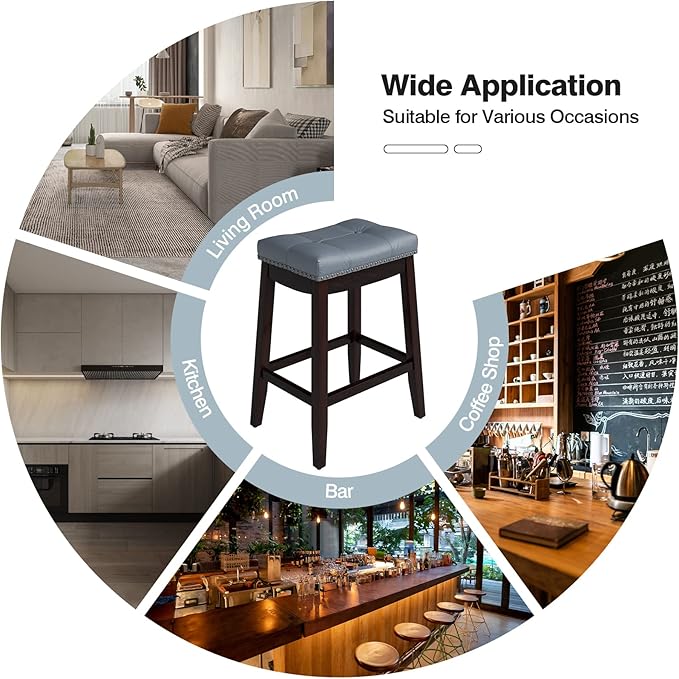 COSTWAY Bar Stools Set of 2, 24-Inch Height Backless Counter Stool with Footrest, Soft Seat Cushion, Wood Legs and Non-Slip Foot Pad, Saddle Stools for Home Kitchen Living Room, Stone Gray+Dark Brown