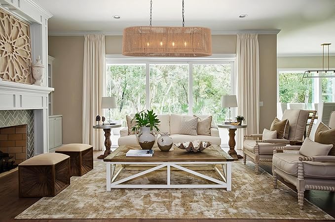 Wellmet Boho Chandelier Light Fixture 42 Inch, Farmhouse Rattan Pendant Light for Dining Room, Rustic Rectangular Chandeliers for Living Room, Bedroom, Kitchen Island (Rattan, 42 Inches)