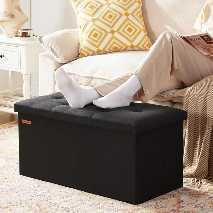 HAUSFRAU - Storage Ottoman Bench, 30 Inches Button Tufted Upholstered Ottoman Footstool with Storage for Living Room Bedroom Entryway, Load 660 lb, Linen Black