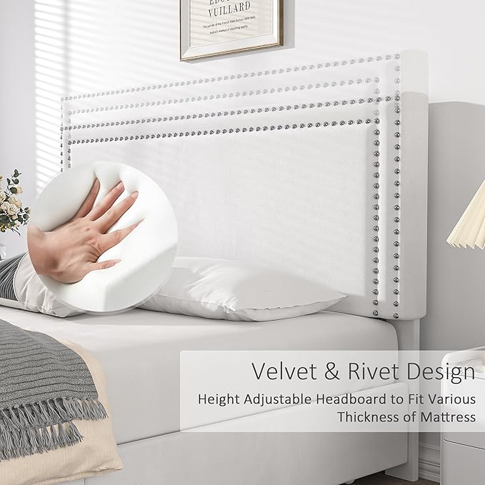 VECELO Queen Size Upholstered Platform Bed Frame with 4 Storage Drawers, Adjustable Velvet Rivets Headboard, Wooden Slats Support, No Box Spring Needed, Easy Assembly