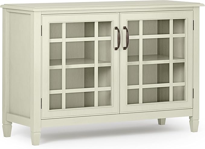 SIMPLIHOME Connaught Solid Wood 46 Inch Wide Traditional Low Storage Cabinet in Antique White, for the Living Room, Entryway and Family Room
