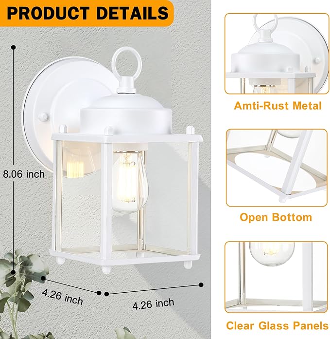 Outdoor Wall Lantern, Exterior Waterproof Wall Sconce Light Fixtures, White Front Porch Lights with Clear Glass, Anti-Rust Metal Outside Lighting Fixture for House Doorway Garage, 2-Pack
