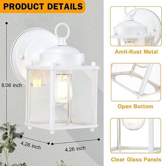 Outdoor Wall Lantern, Exterior Waterproof Wall Sconce Light Fixtures, White Front Porch Lights with Clear Glass, Anti-Rust Metal Outside Lighting Fixture for House Doorway Garage, 2-Pack