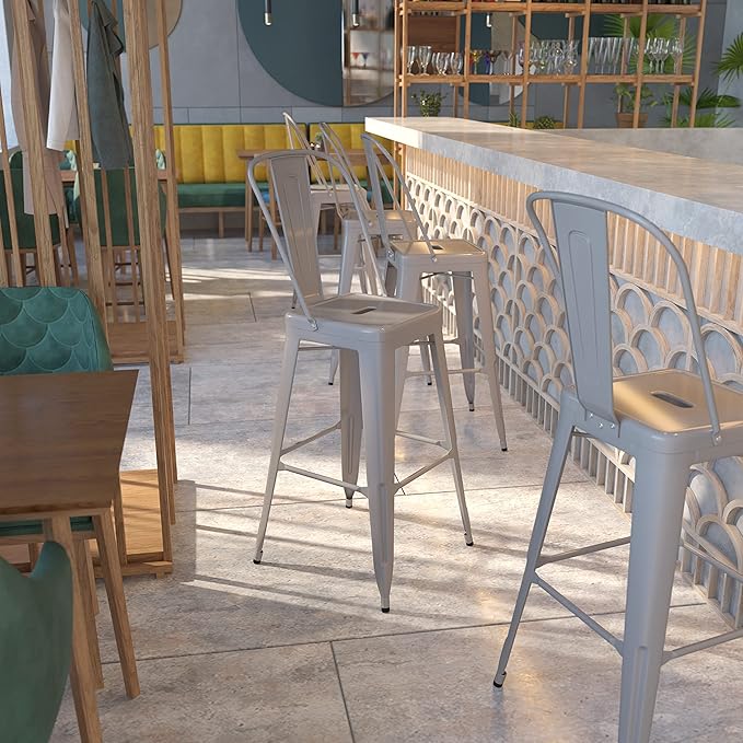 Flash Furniture Commercial Grade 30" High Silver Metal Indoor-Outdoor Barstool with Removable Back