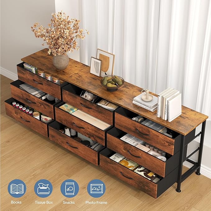 DUMOS TV Stands for Living Room Furniture with 9 Fabric Drawers, Long Entertainment Center Up to 75 Inch TV, Media Console Table with Storage for Bedroom, Adjustable Feet, Rust.