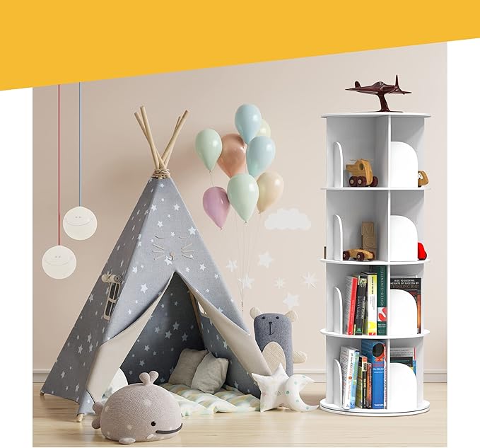 Houseables Rotating Bookshelf, Revolving Bookcase, Spinning Book Shelf, 4 Tier, White, Wood, 360 Degrees Bookshelves, Floor Stand, Rotation Display Tower, Stackable, Round, Turning, for Kids, Children