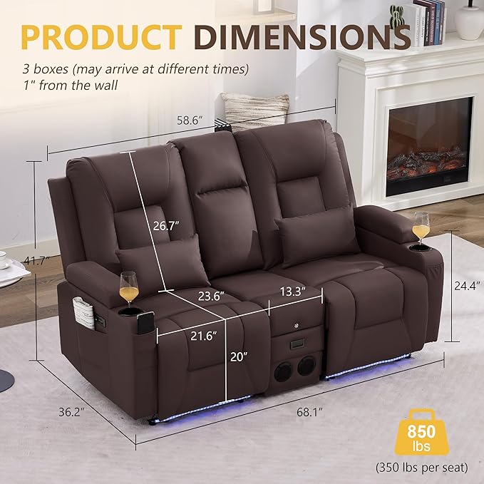 URRED Power Loveseat Recliner Sofa with Console, Wall Hugger Reclining Loveseat RV Couch with LED Light, 150° Zero Gravity Recliners Modular Couches for Living Room (Dark Brown, 68.1'' - 2 Seats)