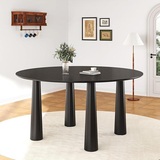 Casaphoria 59" Round Dining Table, Kitchen Table for 6 with Arc-Shaped Edge Top and Cylindrical Legs, Easy Assembly for Living Room, Dining Room, Black