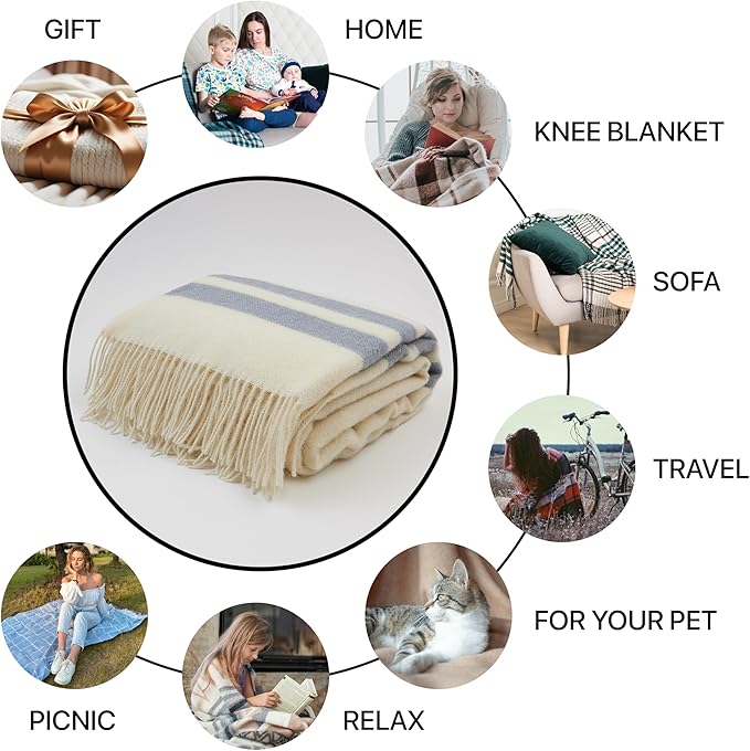 | Wool Blanket/Throw | 100% New Zealand Wool | Perfect for Home and Outdoors | Virgin Wool Blanket with Fringes 55"x79" (140 x 200 cm)