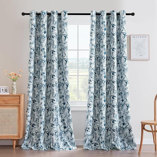 H.VERSAILTEX Blackout Curtains 96 Inch Length 2 Panels Set Floral Print Curtain Drapes for Living Room Thermal Insulated Grommet Window Curtains for Bedroom - French Jouy Flora in Stone Blue