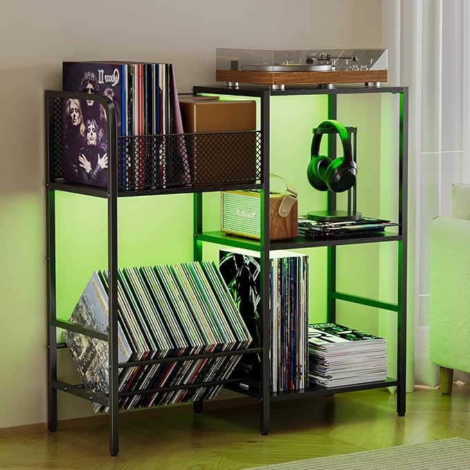 Record Player Stand with LED Light, Turntable Stand with Vinyl Storage - Up to 300+ Albums, 3-Tier Record Player Table Cabinet, Adjustable Shelf & V-Shaped Holder, Vinyl Display Shelf for Living Room