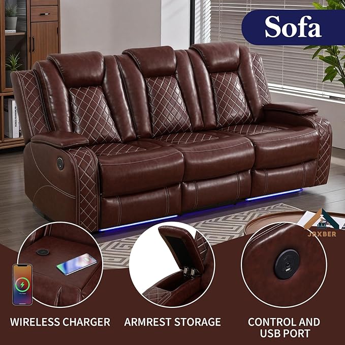 Power Reclining Sofa Sets for Living Room, Leather Recliner Sofa Set with LED Light, Cup Holder, Console Storage, Charging Pad for Home Theater Seating(3 Piece Set,Red)