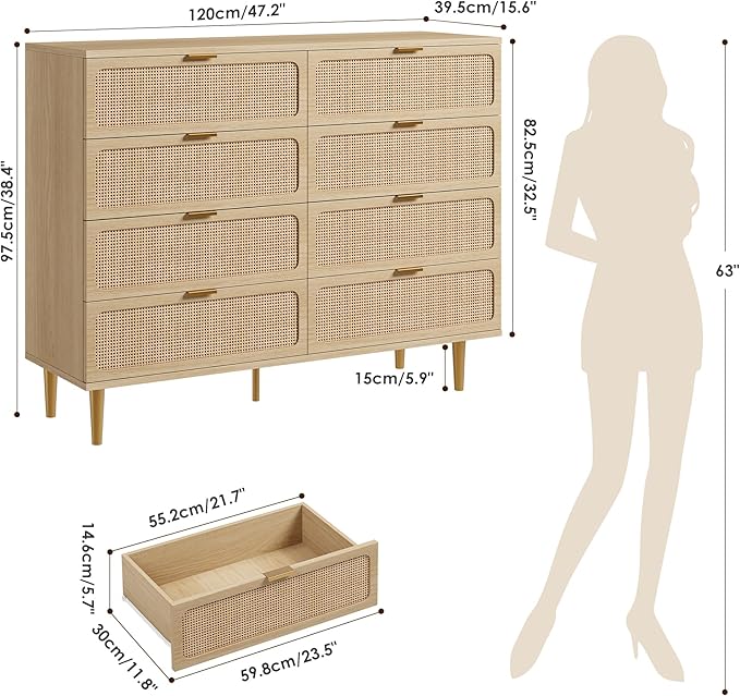 GarveeHome Rattan 8 Drawer Dressers for Bedroom, Tall Dresser with Deep Drawers, Large Chest of Drawers for Closet with Wide Top, Long Wooden Dresser for Living Room, Hallway, Kids Room, Natural