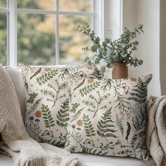 Sage Green Leaves Pillow Covers 16x16 Set of 2 Spring Botanical Fern Leaf Outdoor Decorative Pillow Cases Summer Farmhouse Wildflower Floral Cushion Covers for Couch Sofa Porch Decor
