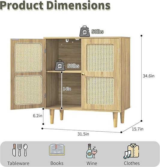 Rattan Sideboard Buffet Cabinet with Storage,Boho Credenza Accent Cabinet with 2 Magnetic Doors and Adjustable Shelves and Solid Wood Legs for Dining Room, Entryway, 31.5" x 15.8" x 34.6"