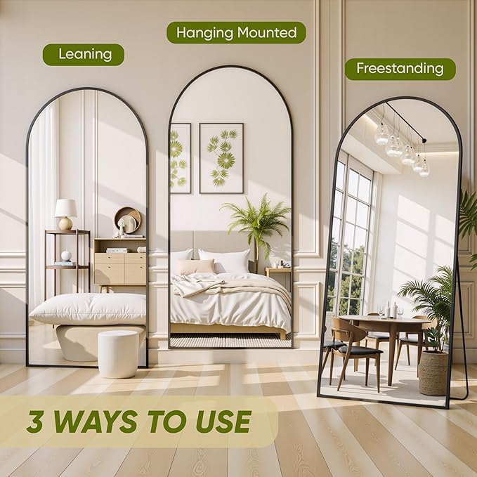 Full Length Mirror, 59"x18" Arched Full Body Mirror, Floor Mirrors with Stand, Body Mirrors Standing Hanging Leaning Against Wall,Aluminum Frame Mirrors for Bedroom Cloakroom,Living Room,Black