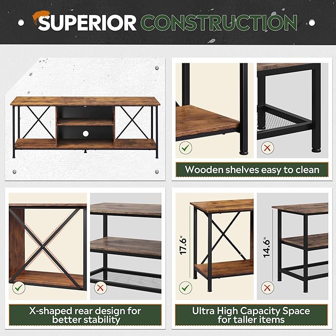 WLIVE Industrial TV Stand for Up to 65 inch TV, Heavy-Duty Metal Frame Entertainment Center with Adjustable Shelves & Cable Management, Media TV Console for Living Room Bedroom, Rustic Brown