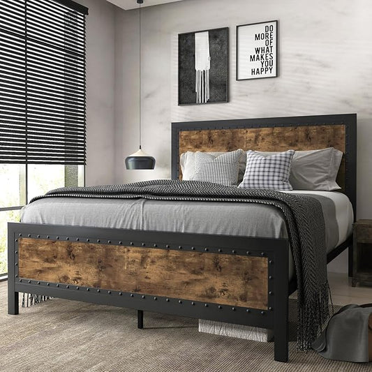 SHA CERLIN Grey Metal Bed Frame Queen, Industrial Wooden Platform Base with Rivet Headboard and Footboard, No Box Spring Needed