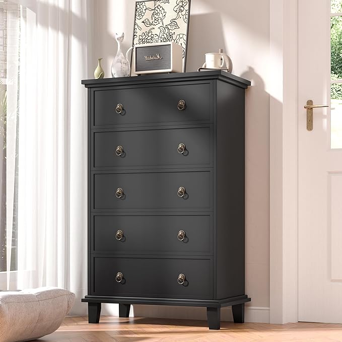 Black Dresser for Bedroom,Tall Dresser with Silent Drawer Slide,Wooden Chest of Drawers 5 Drawers,Storage Tower for Bedroom,Hallway, Entryway